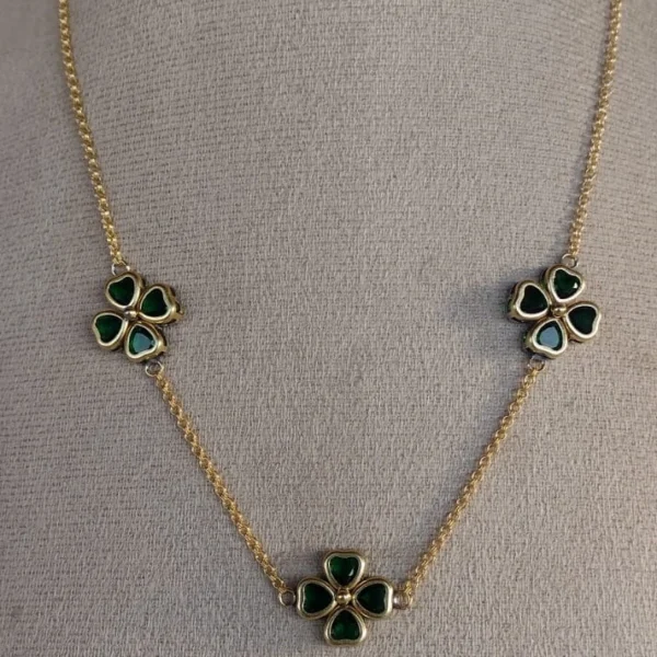 Colar Três Trevos Coração Borda Verde Esmeralda - CL133