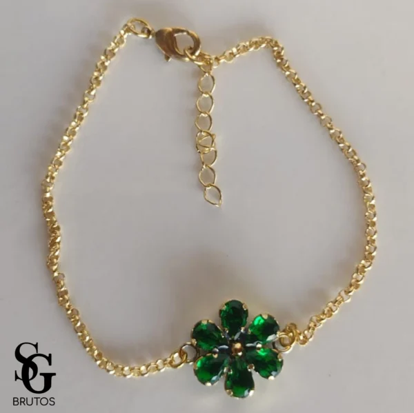Pulseira Flor Zircônia Verde Esmeralda - PS016